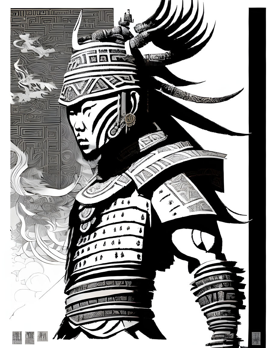 Stylized Asian warrior in ornate armor with intricate patterns and horned helmet in monochrome illustration