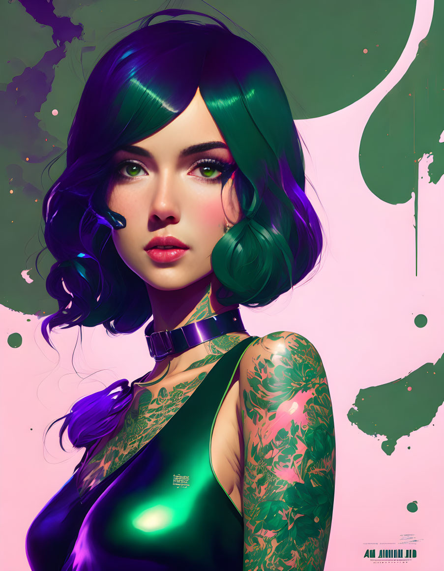 Vibrant green hair and tattoos on woman against pink backdrop with paint splatters