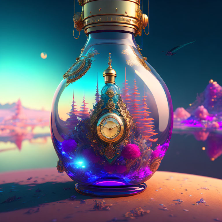 Glowing ornate clock in transparent bulb on surreal landscape