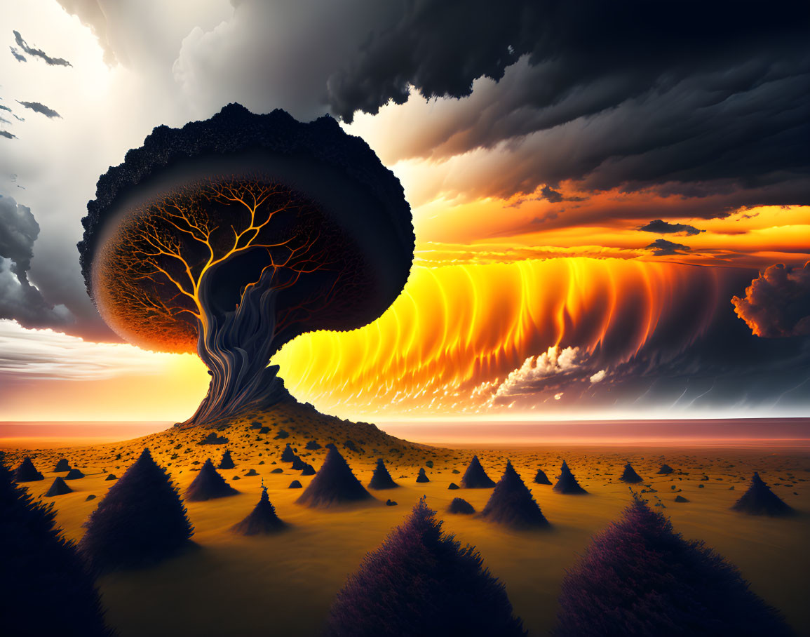 Surreal desert landscape with tree-shaped cloud formation and pyramid-like hills under dramatic sky