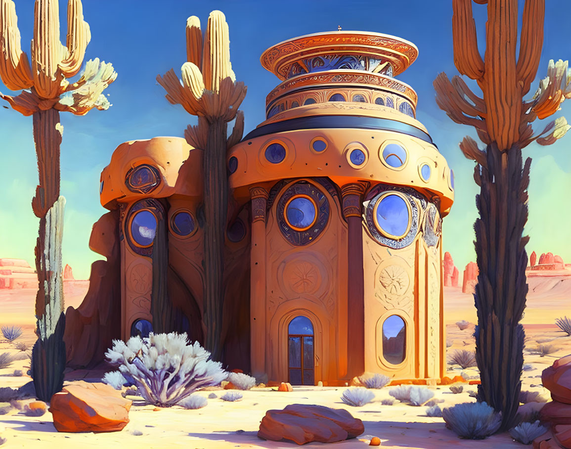 Illustrated desert landscape with tall cacti and circular fantastical building