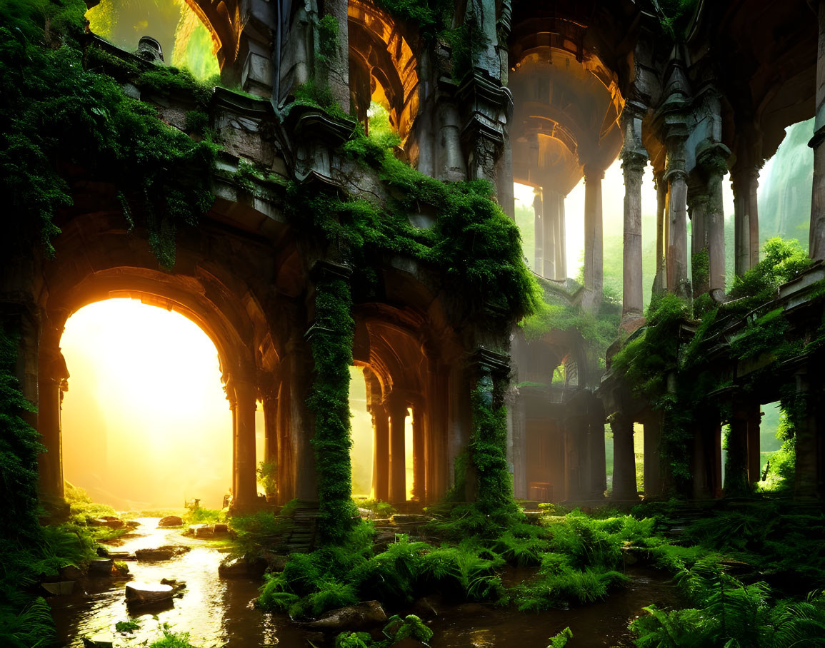 Ancient ruin with towering columns and lush green moss