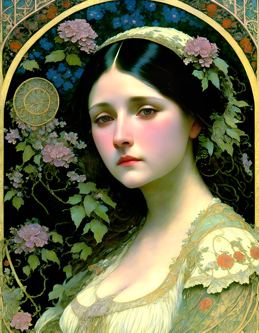 Portrait of Woman with Dark Hair in Ornate Floral and Geometric Background