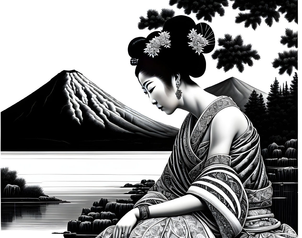 Traditional geisha illustration by serene lake with Mount Fuji backdrop.