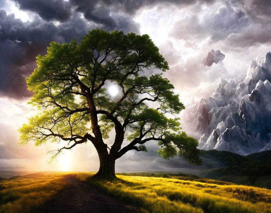 Majestic tree in golden field with stormy mountains under glowing sunset.