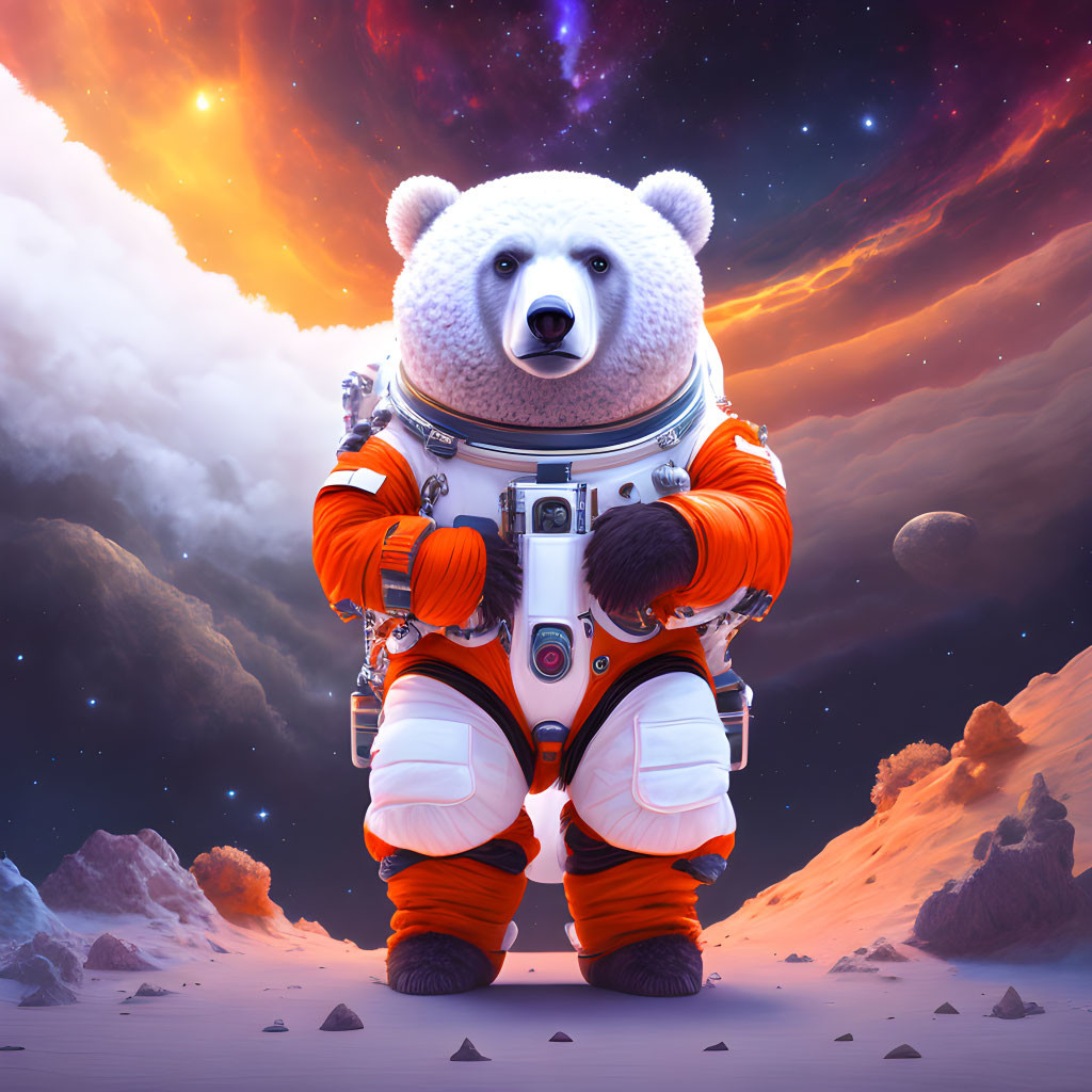 Detailed Orange Astronaut Bear on Alien Planet with Colorful Nebula