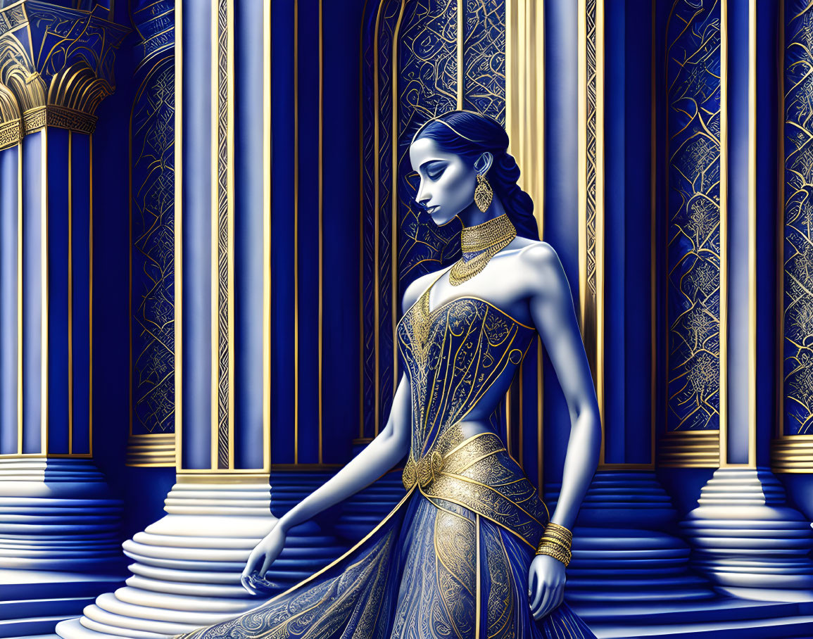 Blue-skinned woman in gold attire in ornate hall with columns