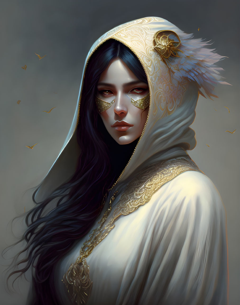 Woman in white hooded cloak with gold owl mask and butterflies, dark hair