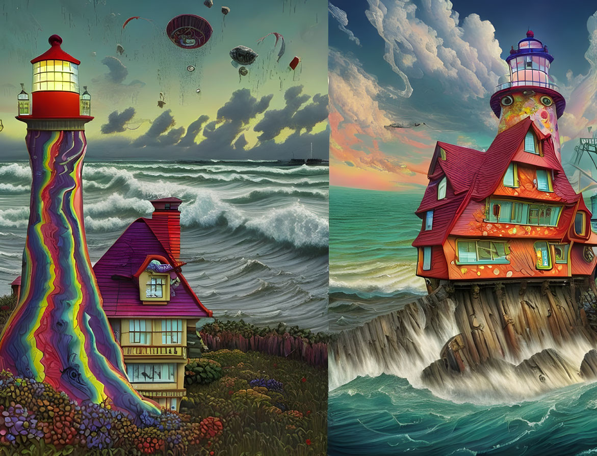 Split image of whimsical lighthouse with rainbow trail and house-lighthouse on cliff by stormy seas