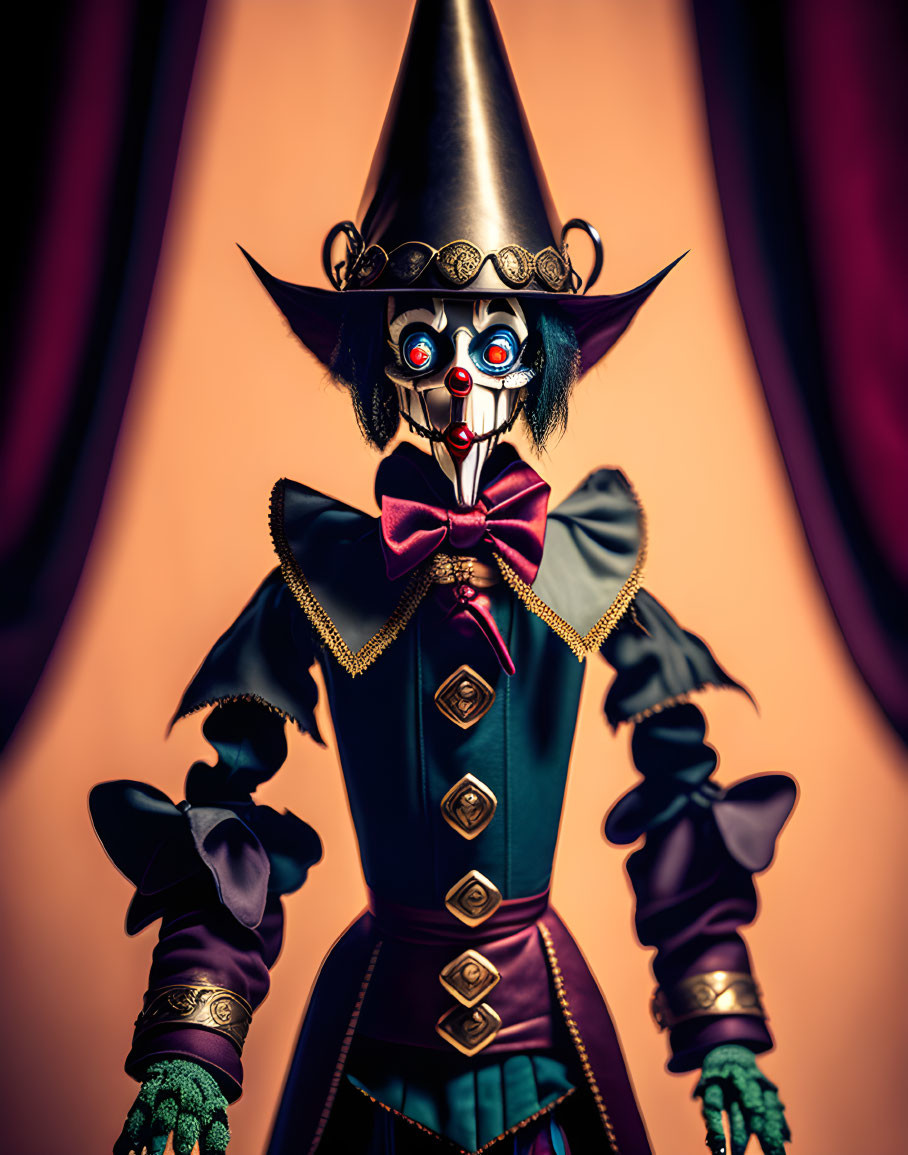 Creepy puppet with pointed hat and red eyes on striped background