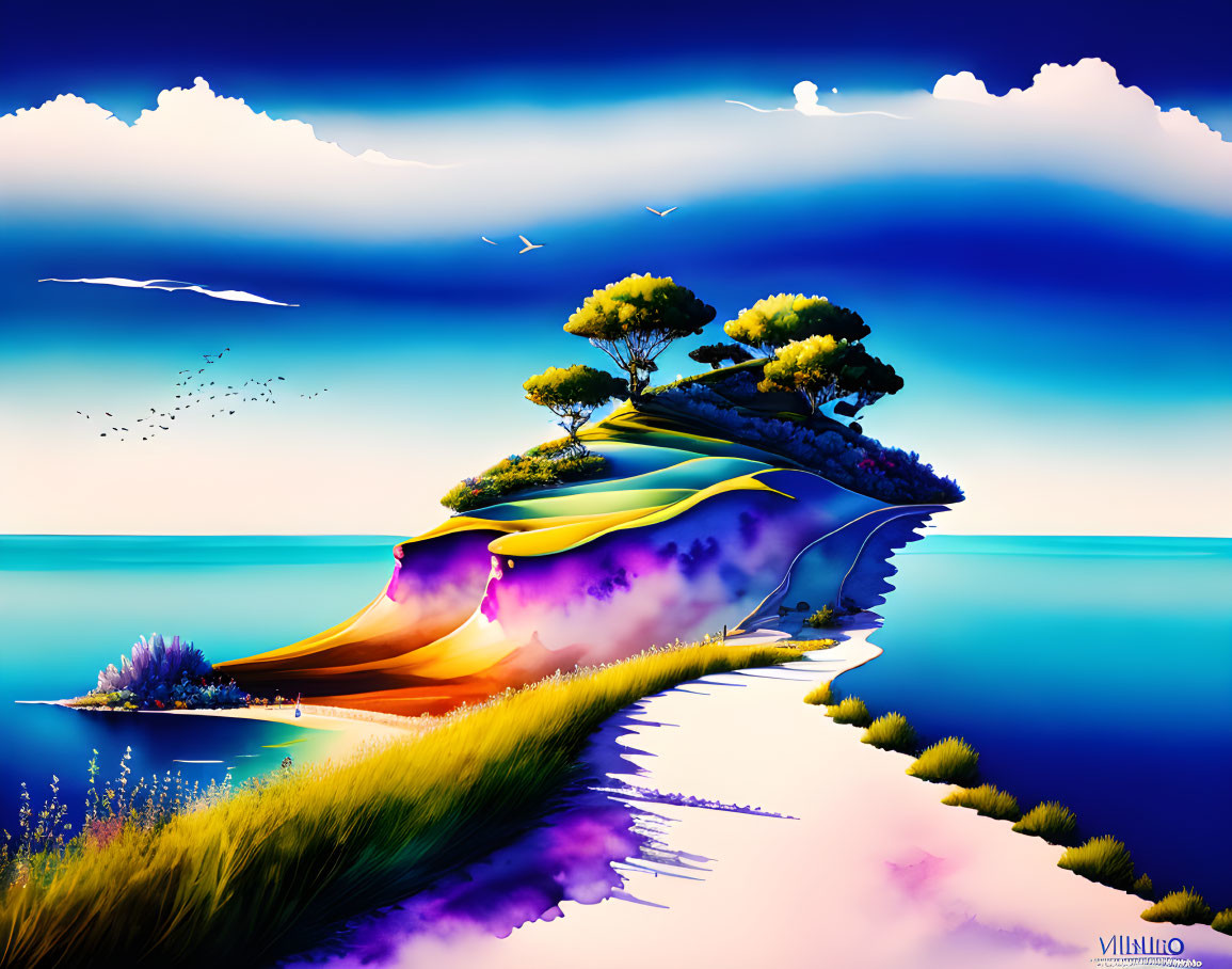 Colorful Floating Island Artwork with Surreal Terrain and Blue Sea