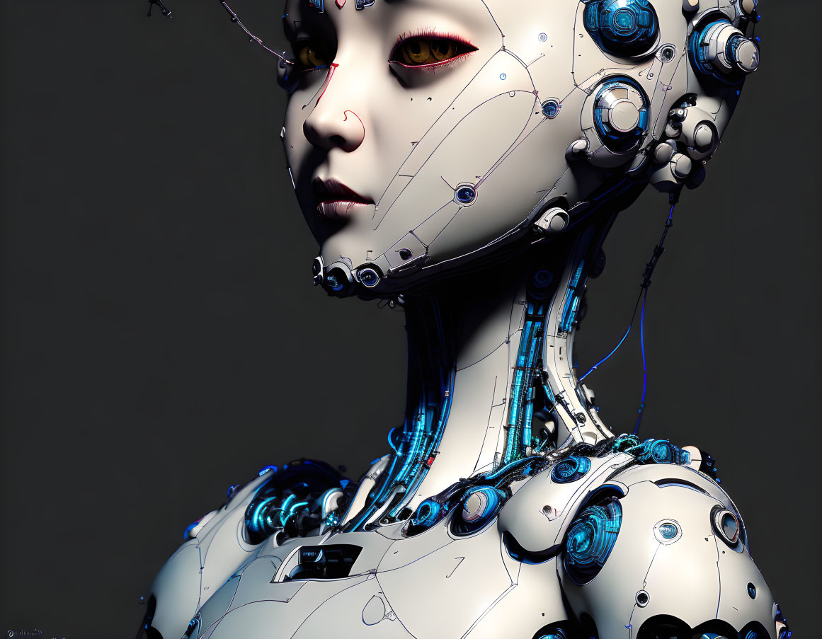 Detailed Female Android with White Segmented Chassis & Glowing Red Eye