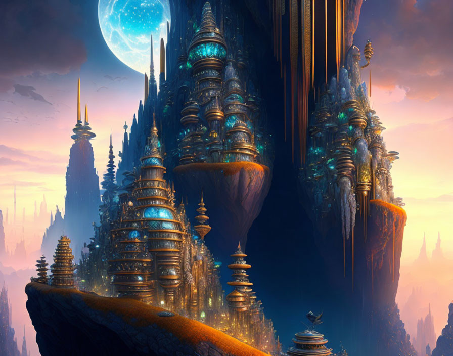 Futuristic cityscape with towering spires on cliff at night