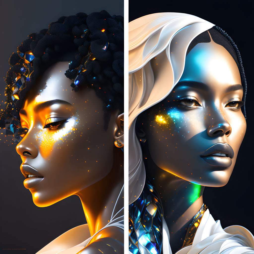 Two women with glowing skin in cosmic-themed illustration