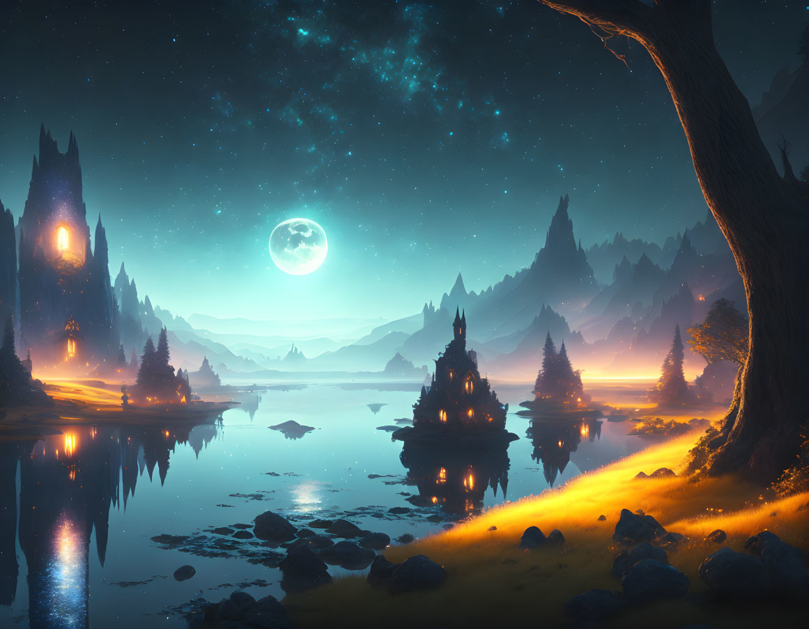 Moonlit fantasy night landscape with castle, lake, and glowing trees