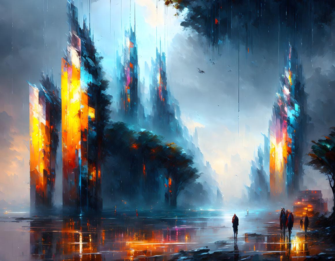 Futuristic cityscape with luminous buildings and silhouetted figures beneath moody sky