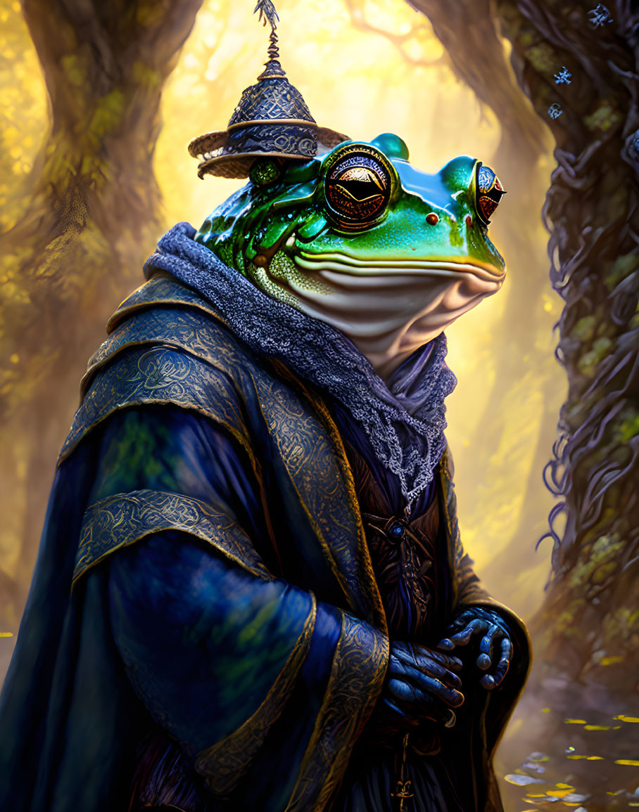 Anthropomorphic Frog in Regal Blue Robes in Enchanted Forest