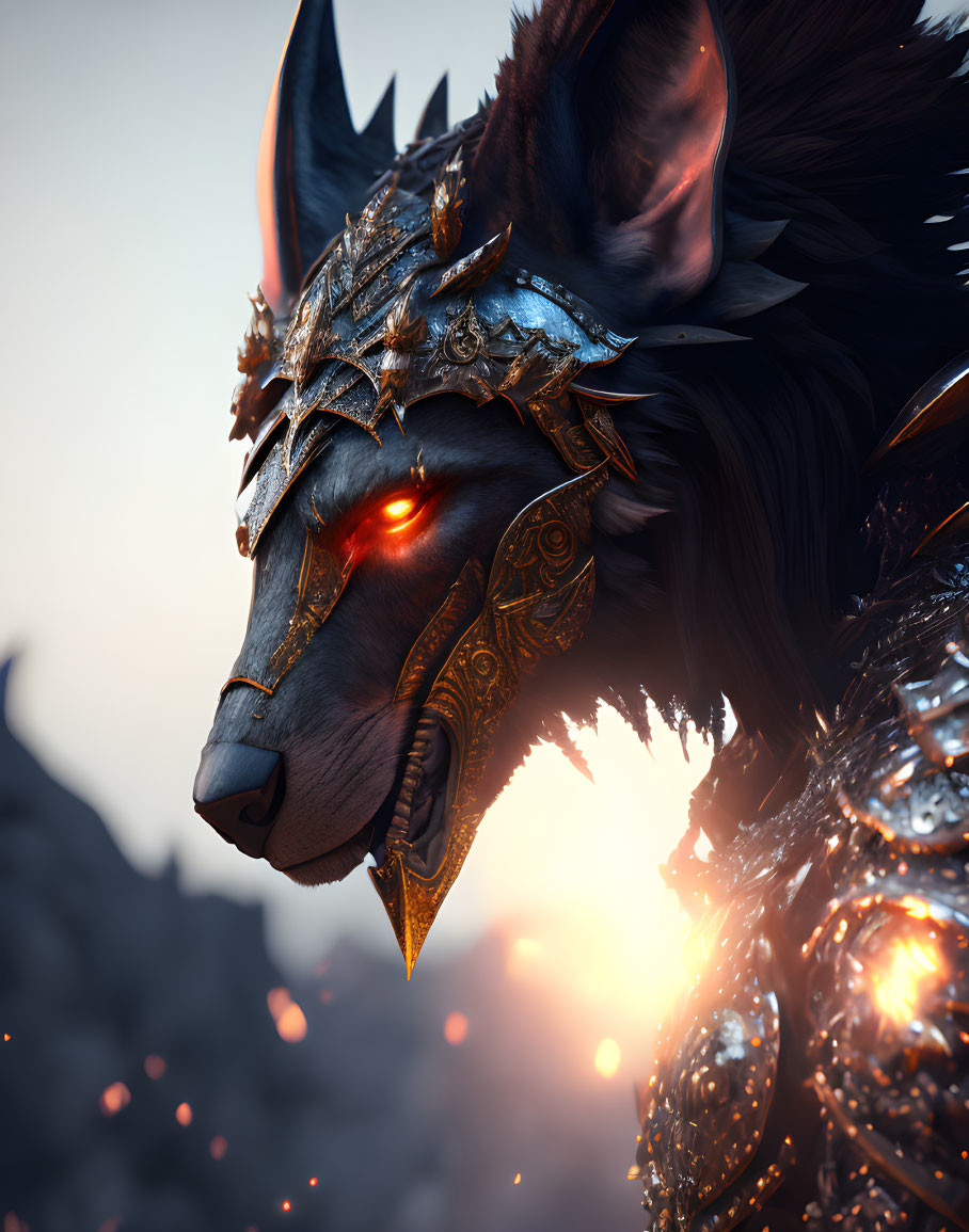 Fantasy armored wolf with glowing red eyes and ornate metallic headgear in twilight sky.