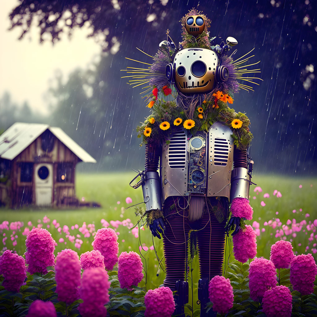 Whimsical robot with flowers in rainy pink hydrangea field