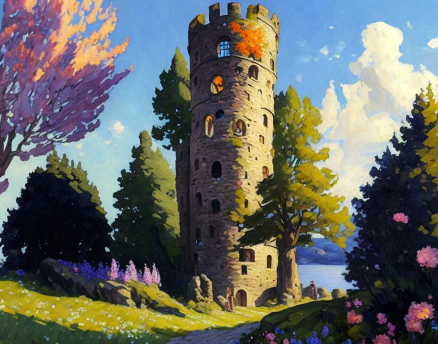 Colorful Landscape Painting with Old Stone Tower & Lake