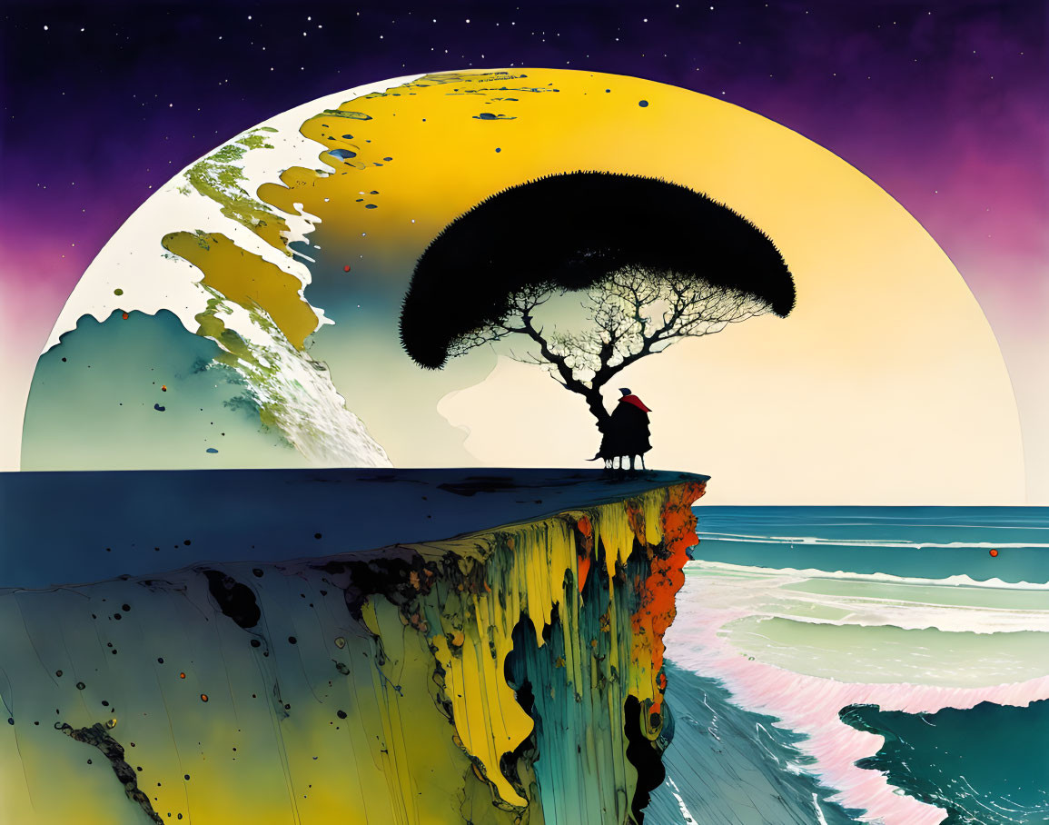 Solitary figure under acacia tree on cliff with surreal colorful backdrop.