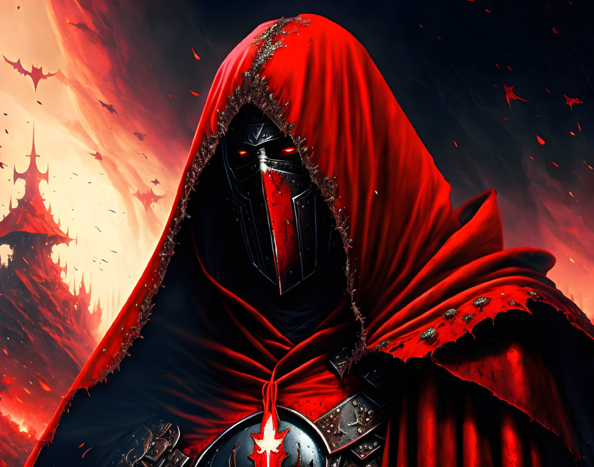 Mysterious figure in red cloak with dark mask in fiery sky