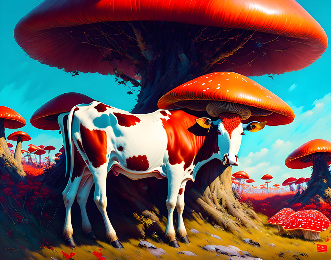 Vibrant digital artwork: red and white cow under mushroom trees