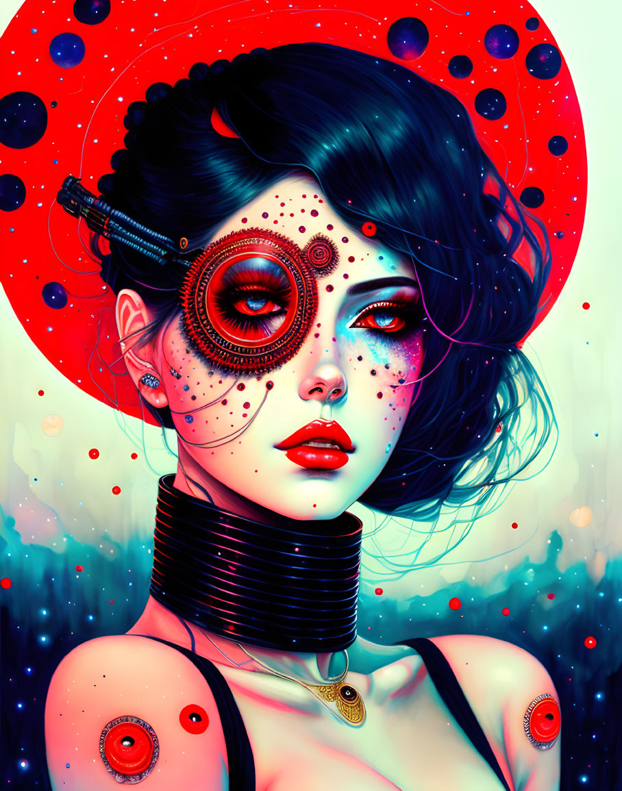 Vibrant cybernetic woman with blue eyes and red halo in starry scene