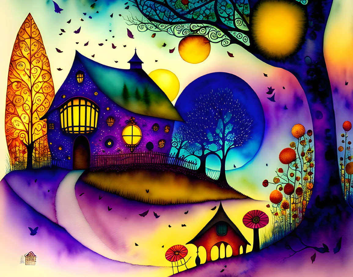 Fantasy landscape with stylized houses, trees, and two moons