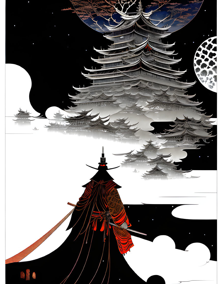 Samurai-themed graphic with moonlit pagoda landscape