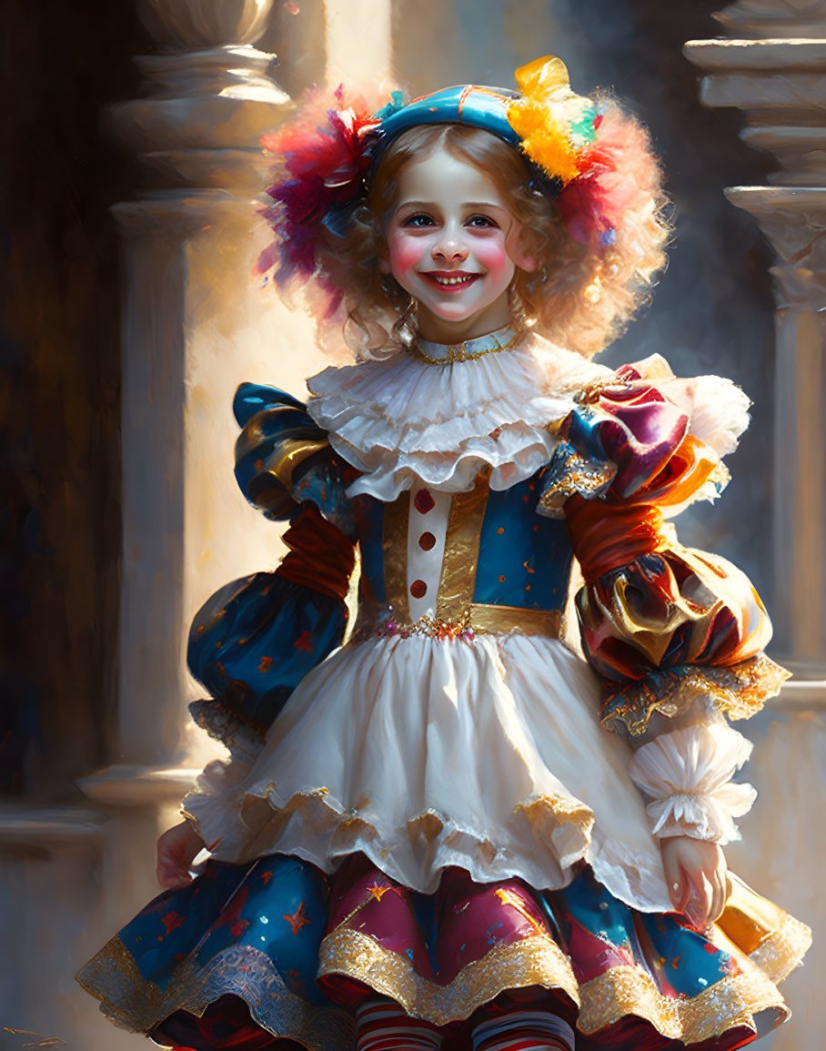 Colorful Clown Costume with Feathered Headpiece worn by Smiling Young Girl