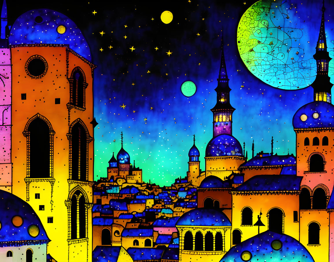 Colorful cityscape illustration with dome-topped buildings under starry sky