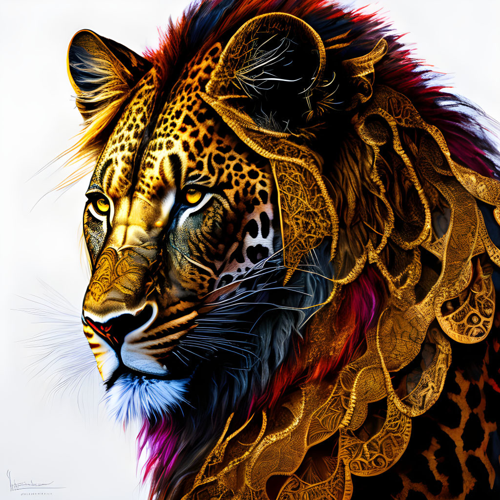 Colorful digital artwork: Lion with intricate patterns and vibrant hues