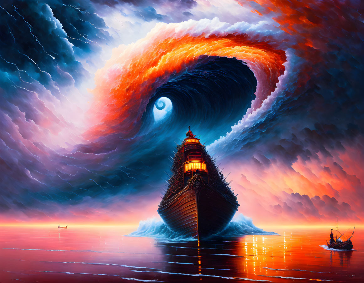 Stormy Seascape: Ship in Fiery Sky with Eye Formation