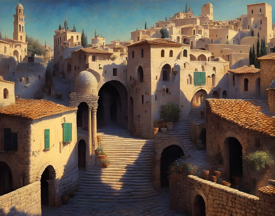 Sunlit ancient village with stone houses and cobblestone streets.