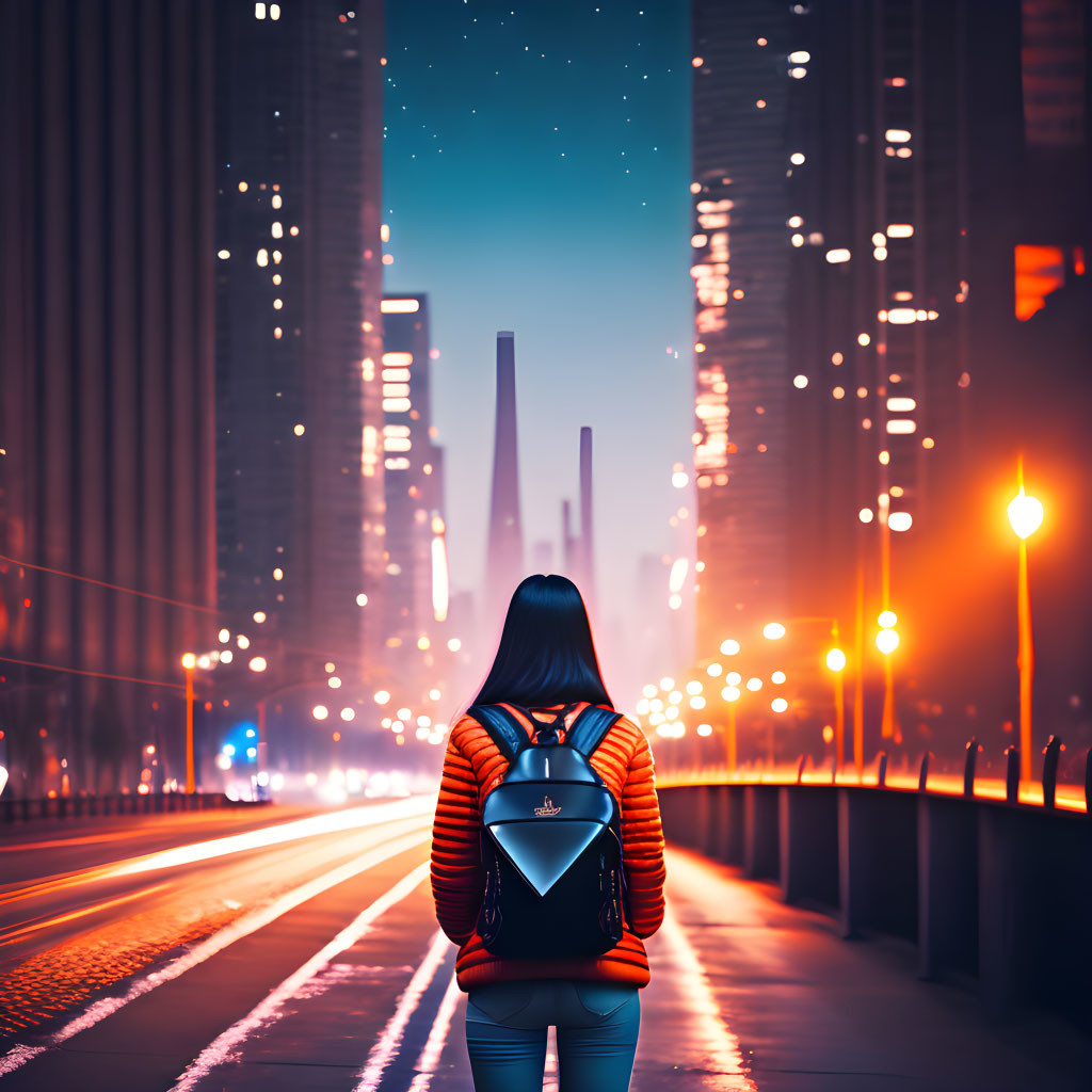 Woman in striped jacket with backpack admiring city skyline at twilight