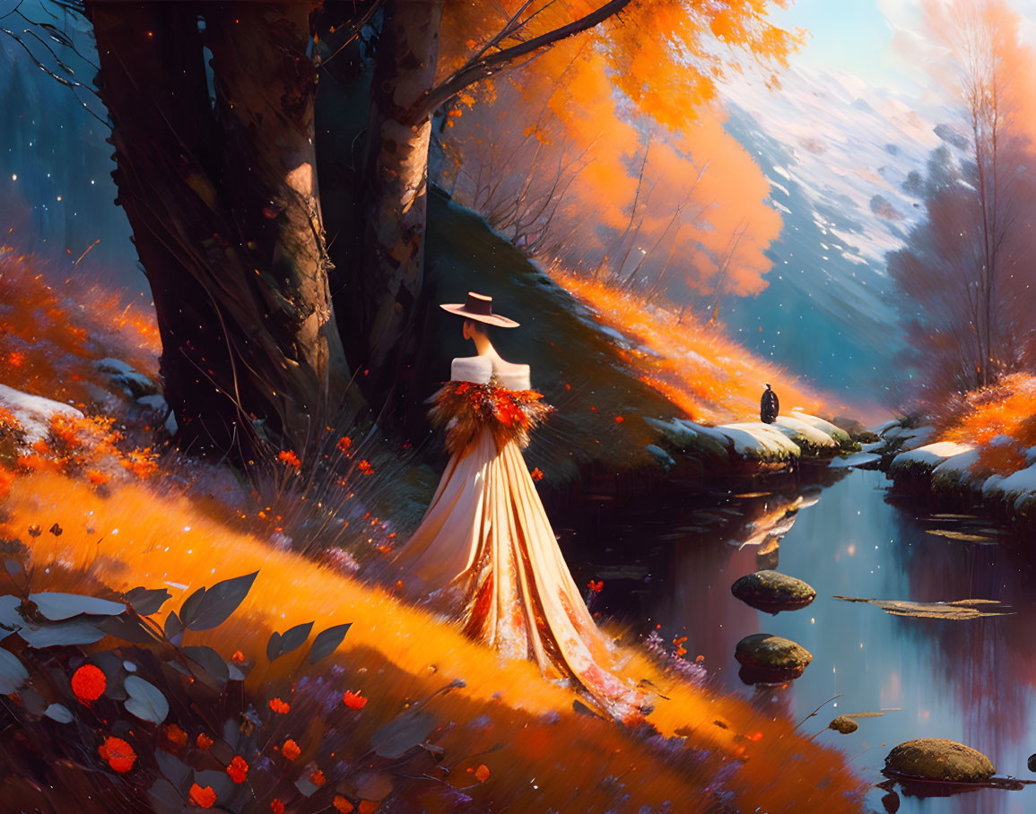 Woman in elegant dress by autumnal forest creek with vibrant orange foliage.