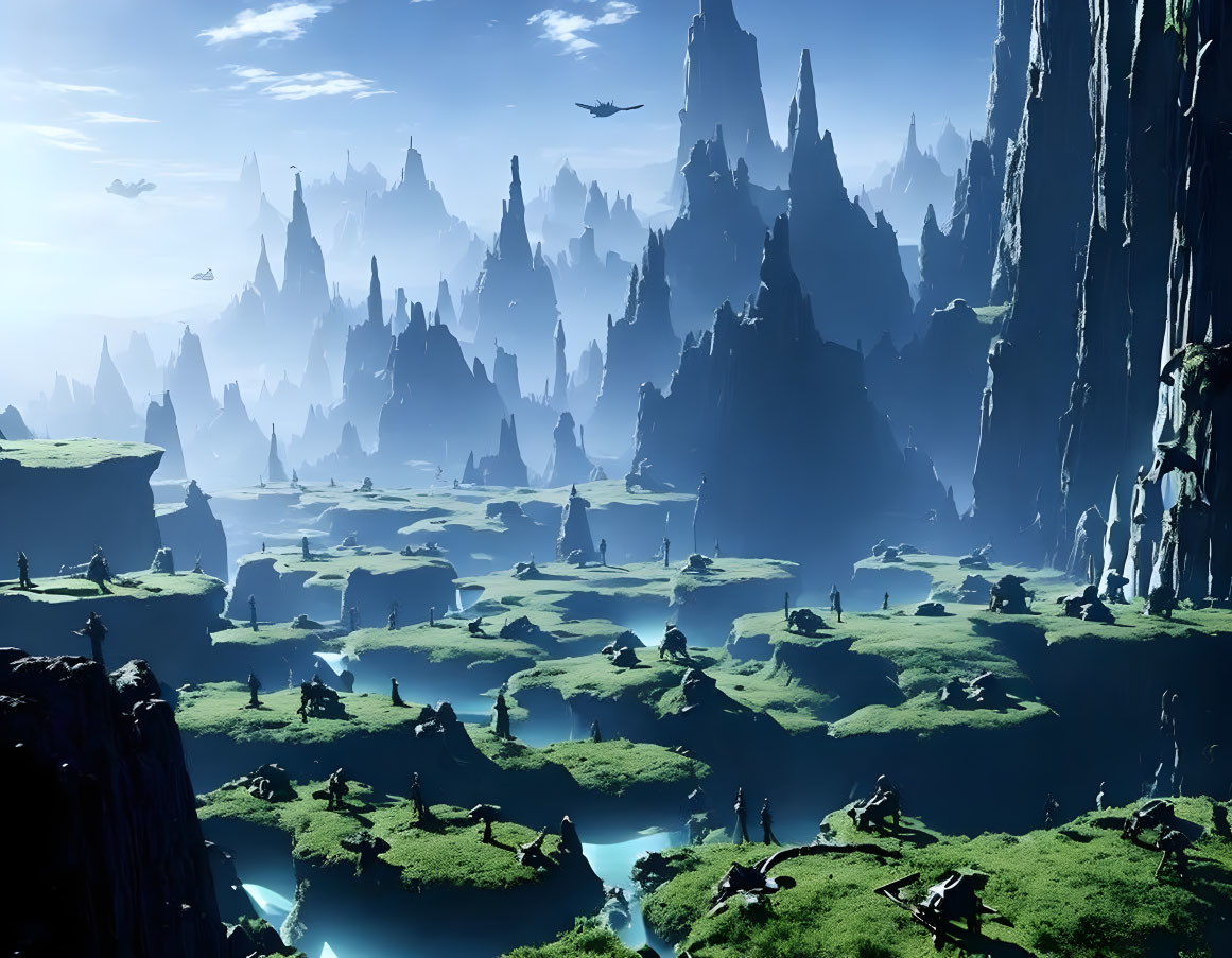 Fantastical landscape with towering spires and floating islands