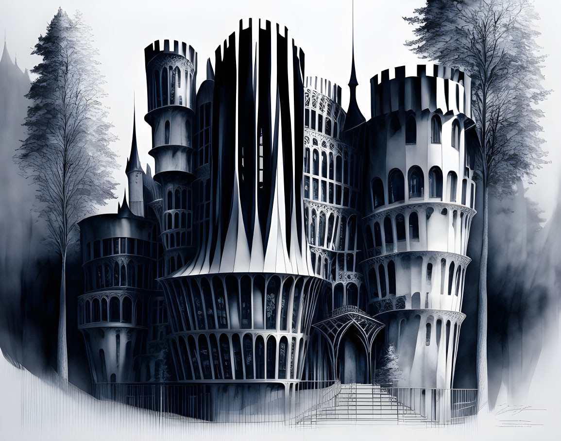 Monochromatic fantasy illustration: grand castle with spires in misty forest