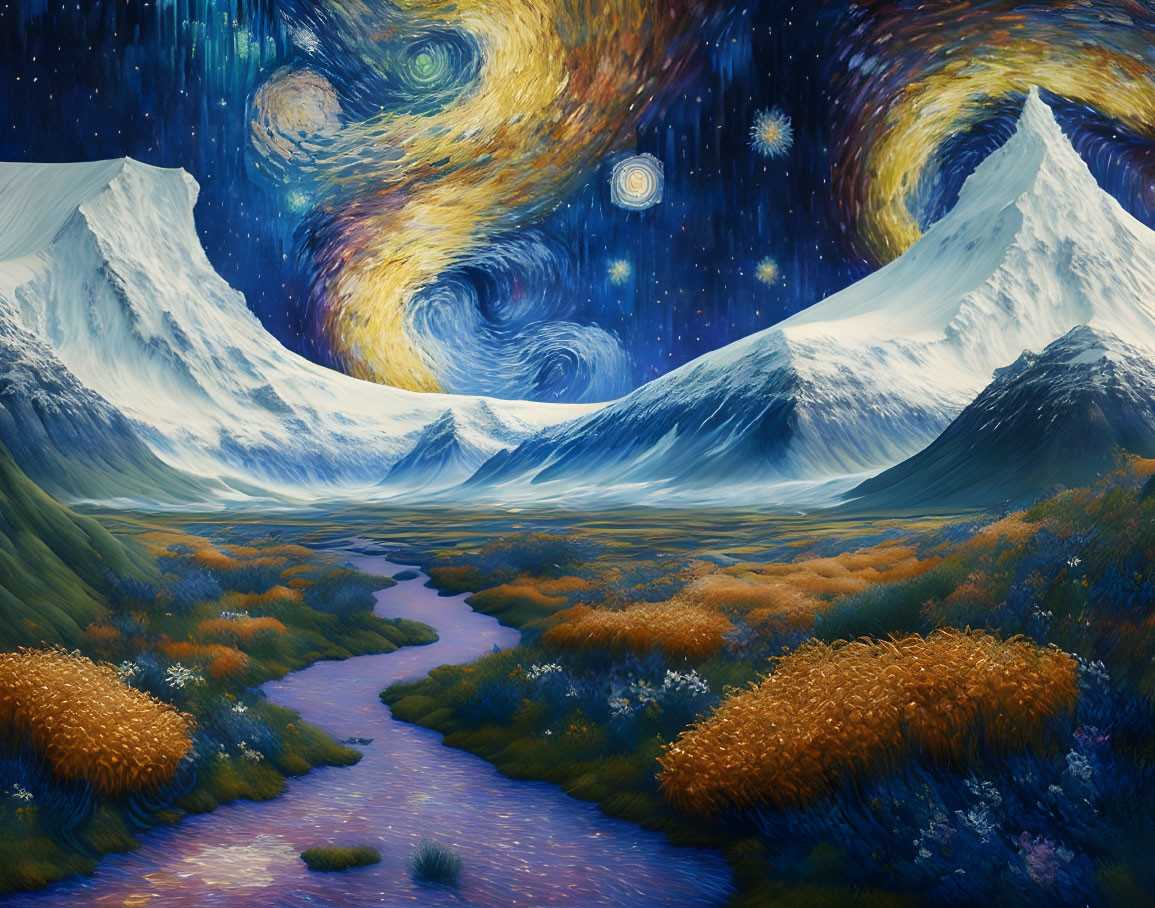 Snow-capped mountain landscape under starry night sky