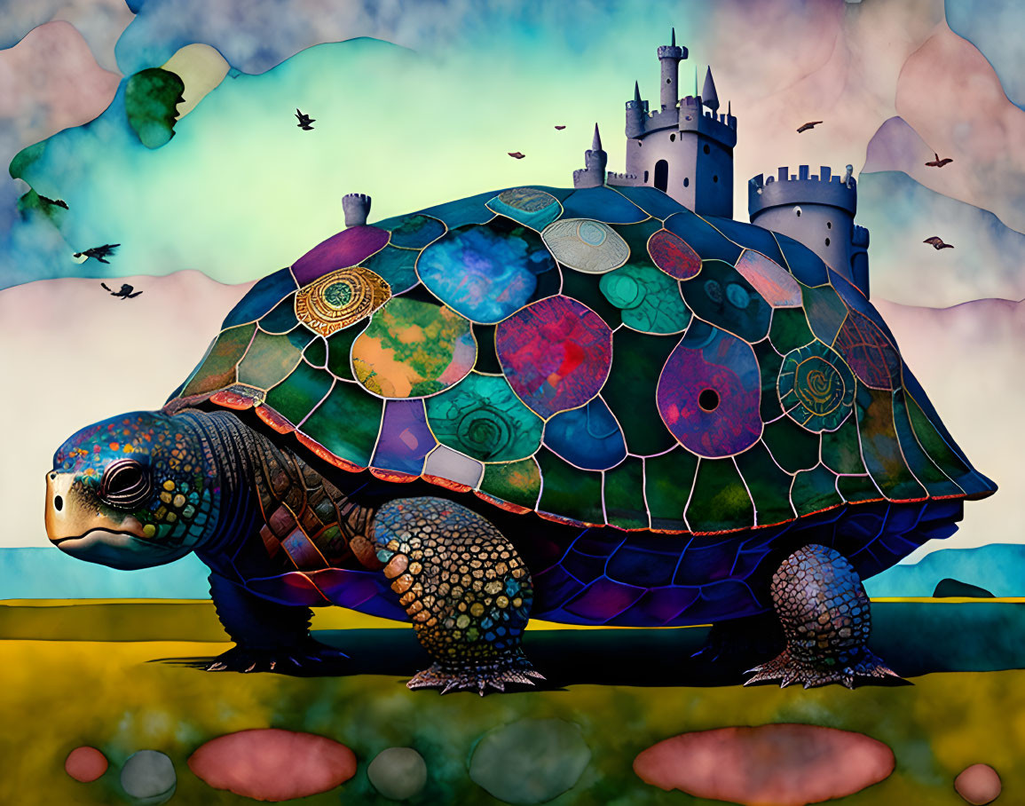 Colorful Tortoise Illustration Carrying Castle on Its Back