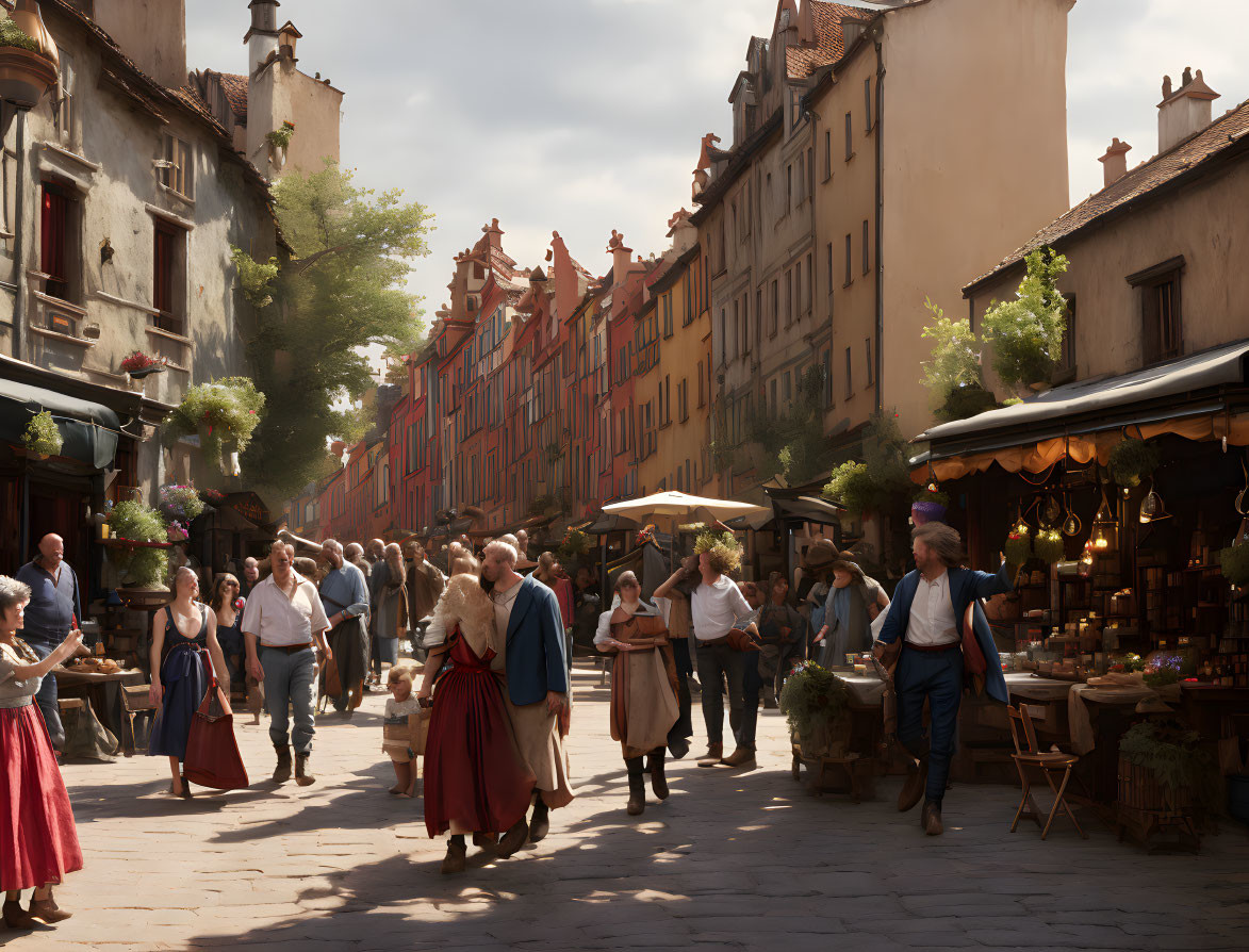 Medieval market scene with townsfolk in period attire and colorful buildings