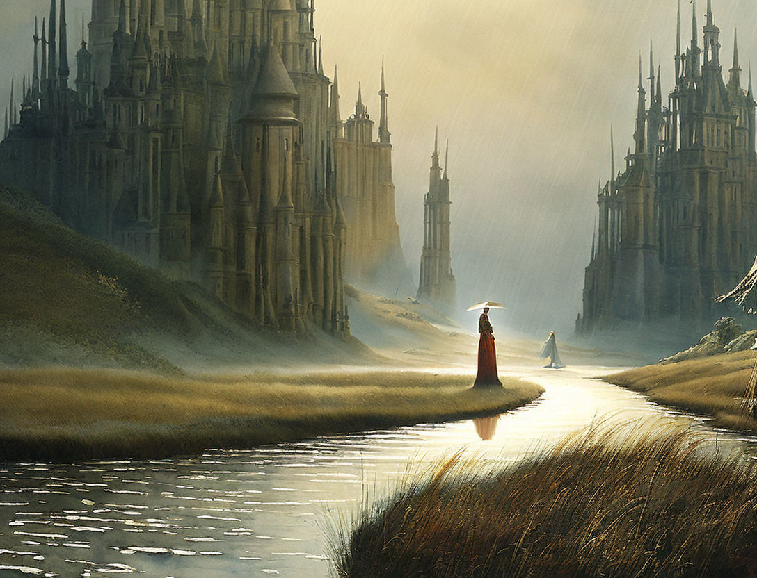 Person in red cloak walking to castle-like city near river in golden grass under hazy sky