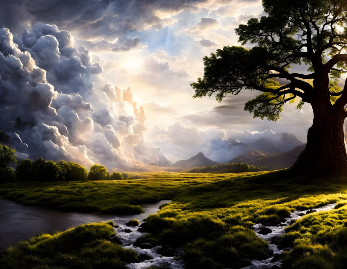 Majestic landscape: vibrant sunset, serene river, lush fields, solitary tree