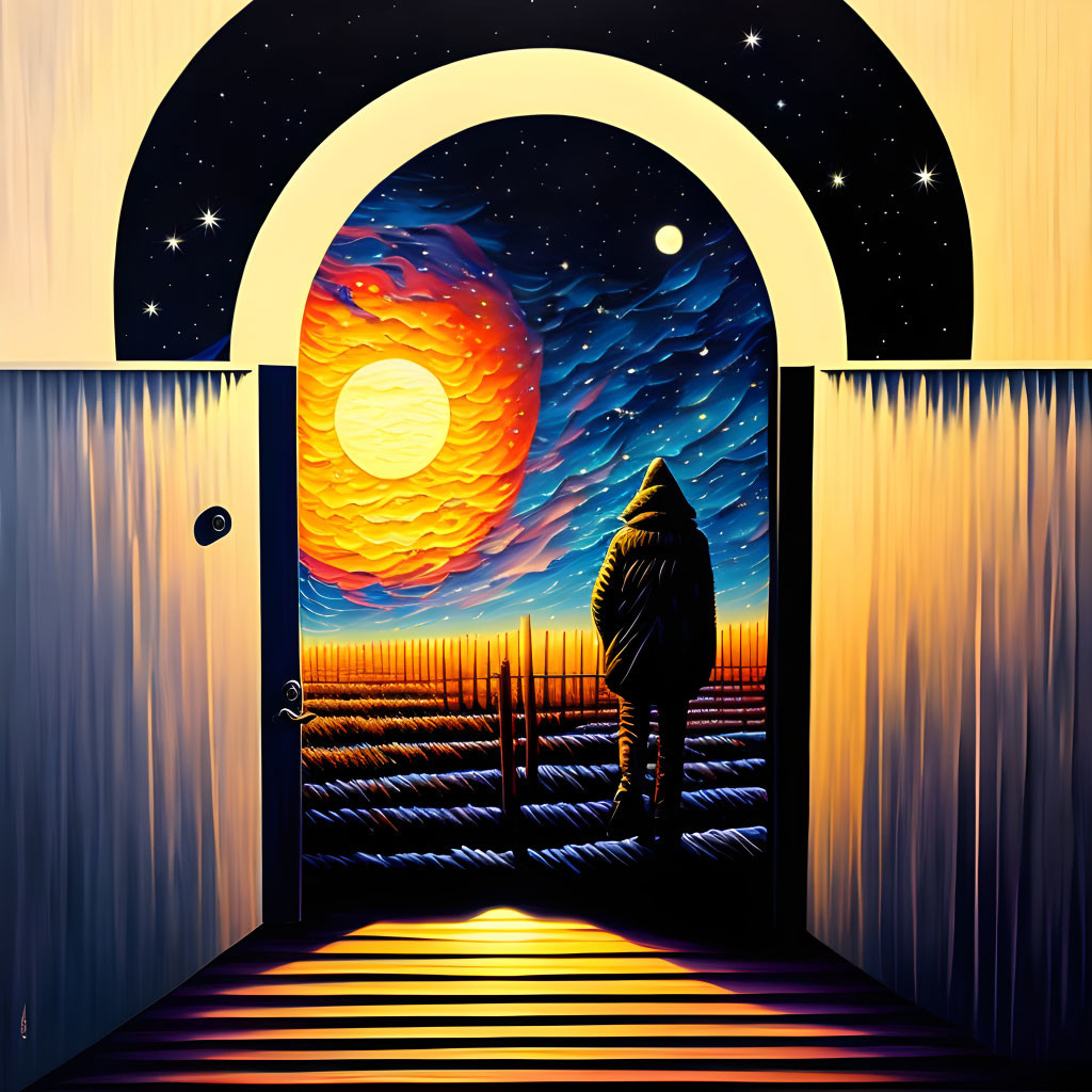 Silhouetted figure in open doorway against vibrant celestial scene