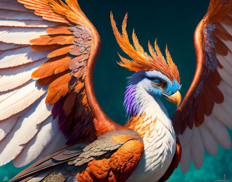 Colorful Phoenix with Fiery Wings and Blue Gaze