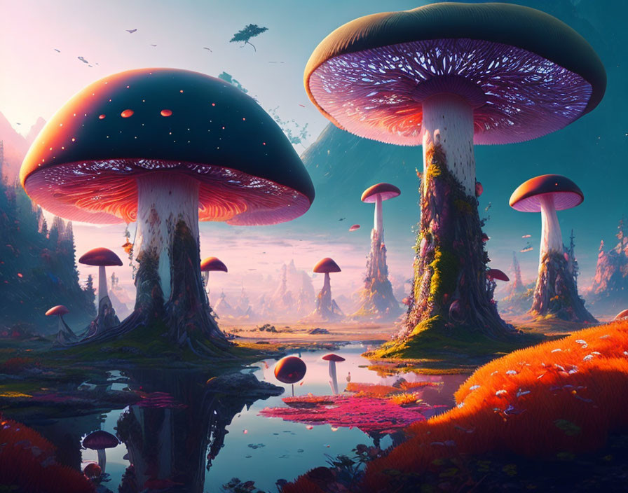 Colorful Oversized Mushroom Landscape in Fantasy Forest