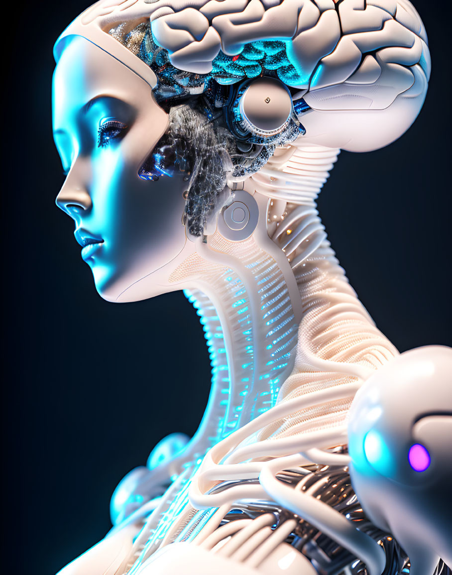 Futuristic AI robot with human-like face and exposed mechanical brain.