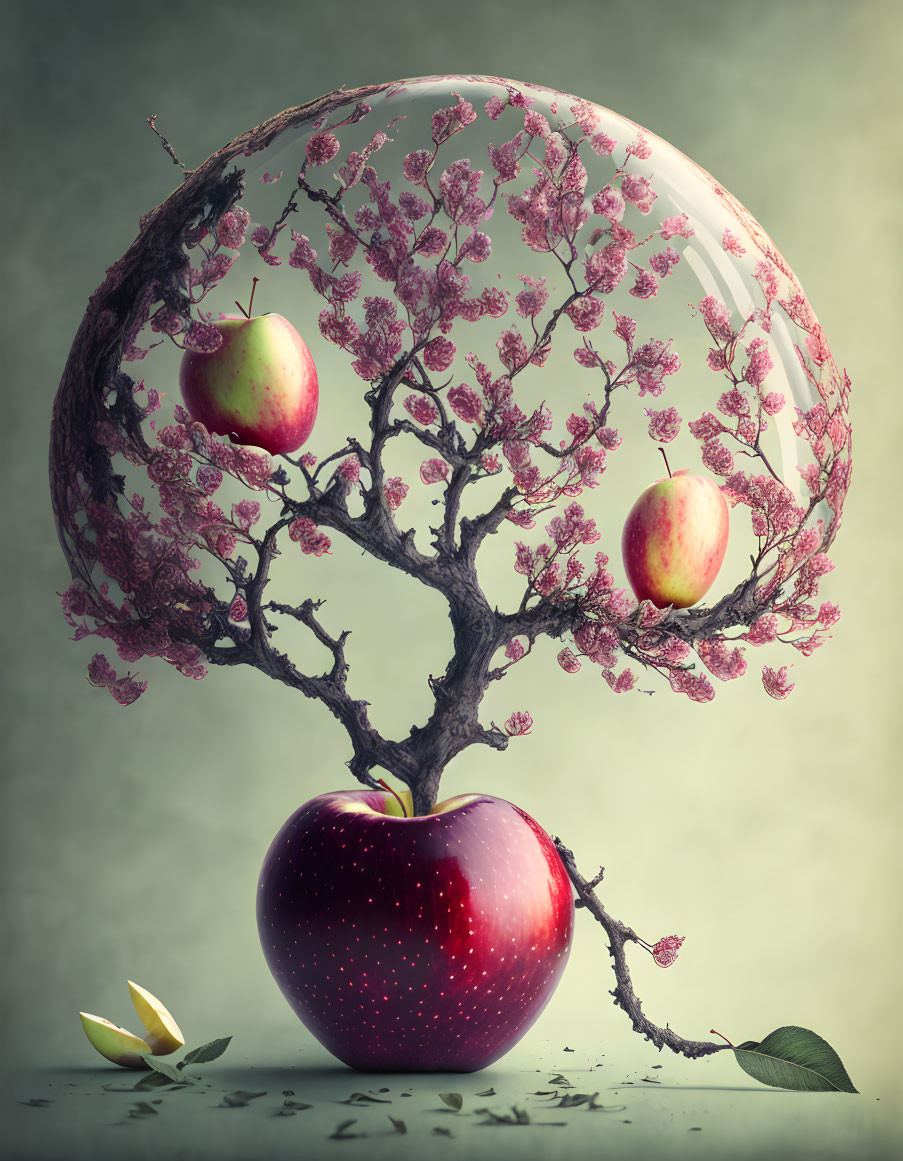 Surreal image of tree with pink blossoms in transparent sphere