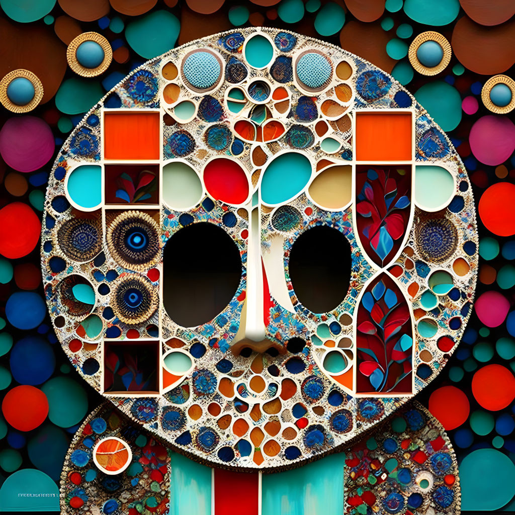 Colorful Mosaic Skull Against Multicolored Circles